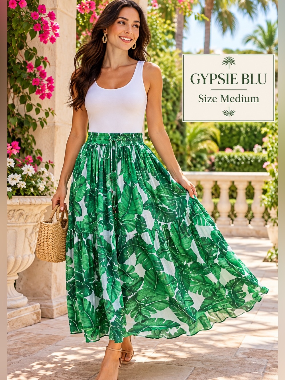 Gypsie Blu Tropical Leaf Print Maxi Skirt Green White NWT M